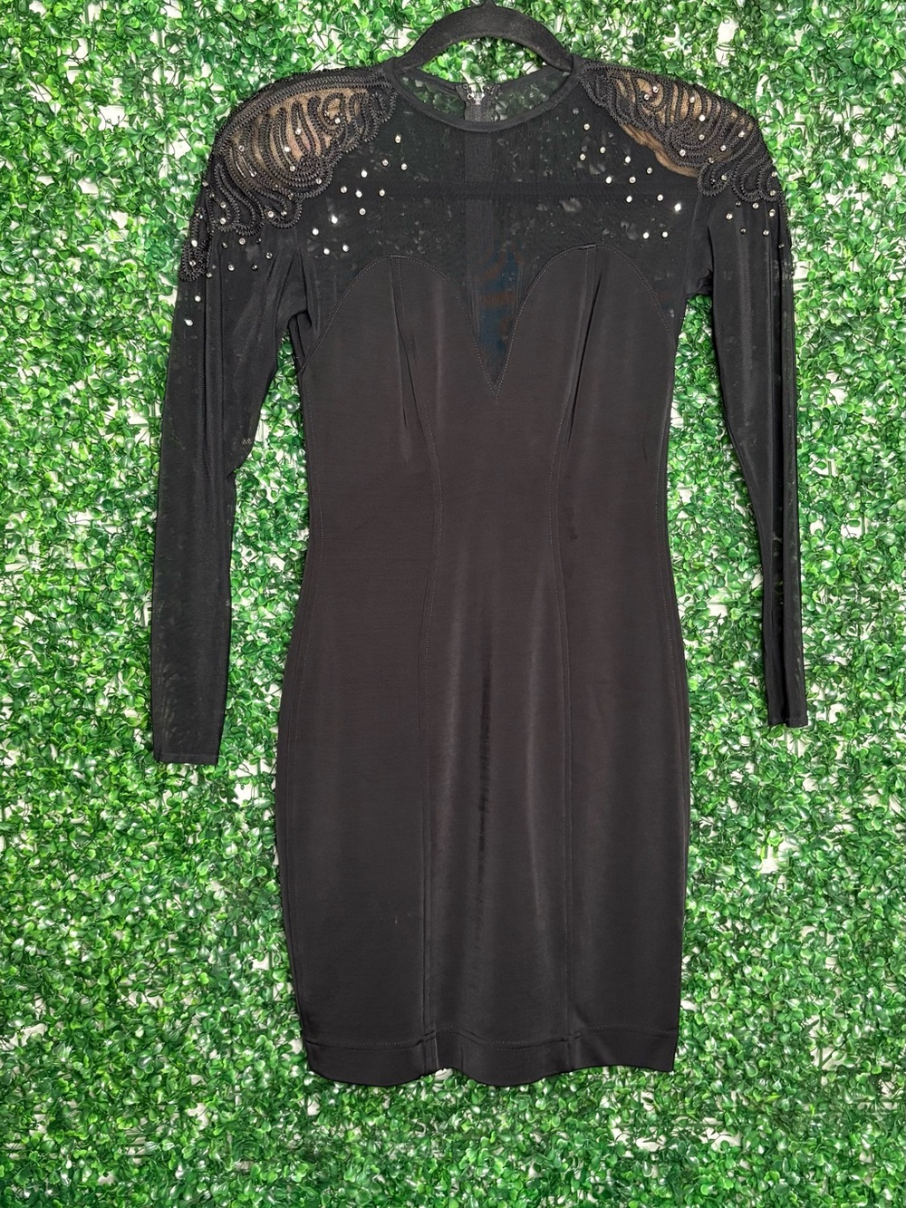 Vintage Tadashi Shoji Black Long-Sleeve Embellished Sheer Yoke Dress